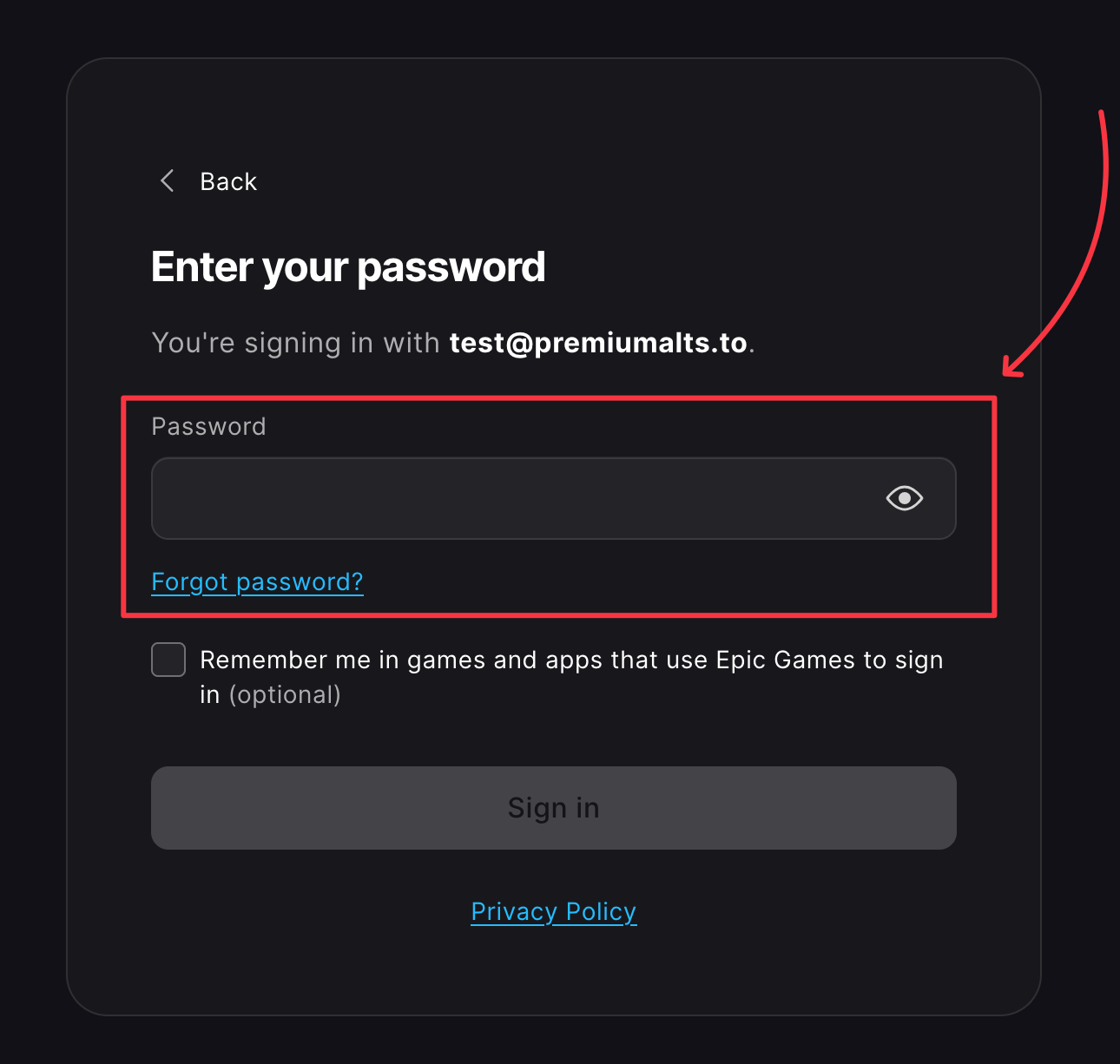 Epic Games login fields for email and password input.