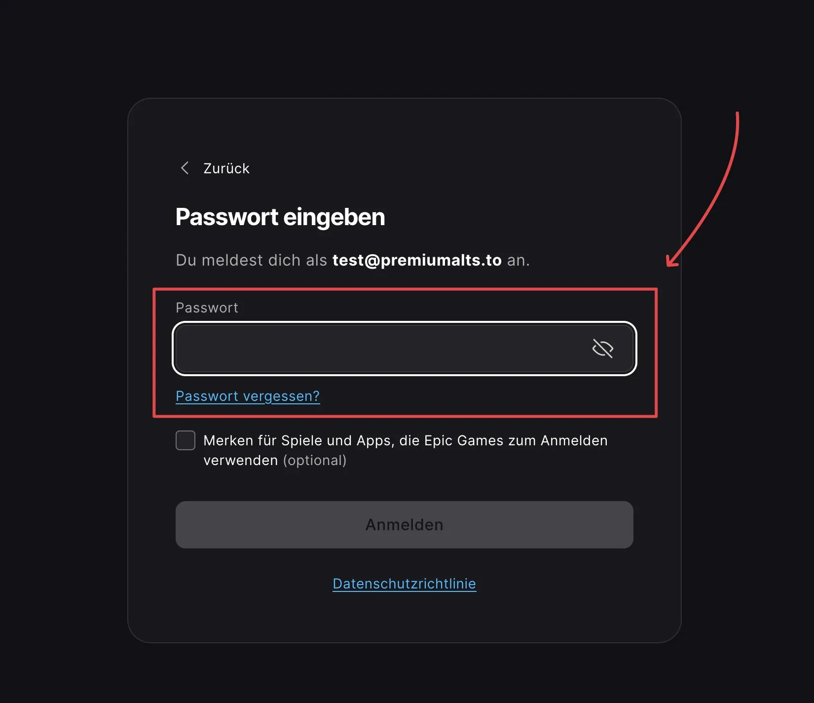 Screenshot der Epic Games Webseite mit Klick auf 'Passwort eingeben'.