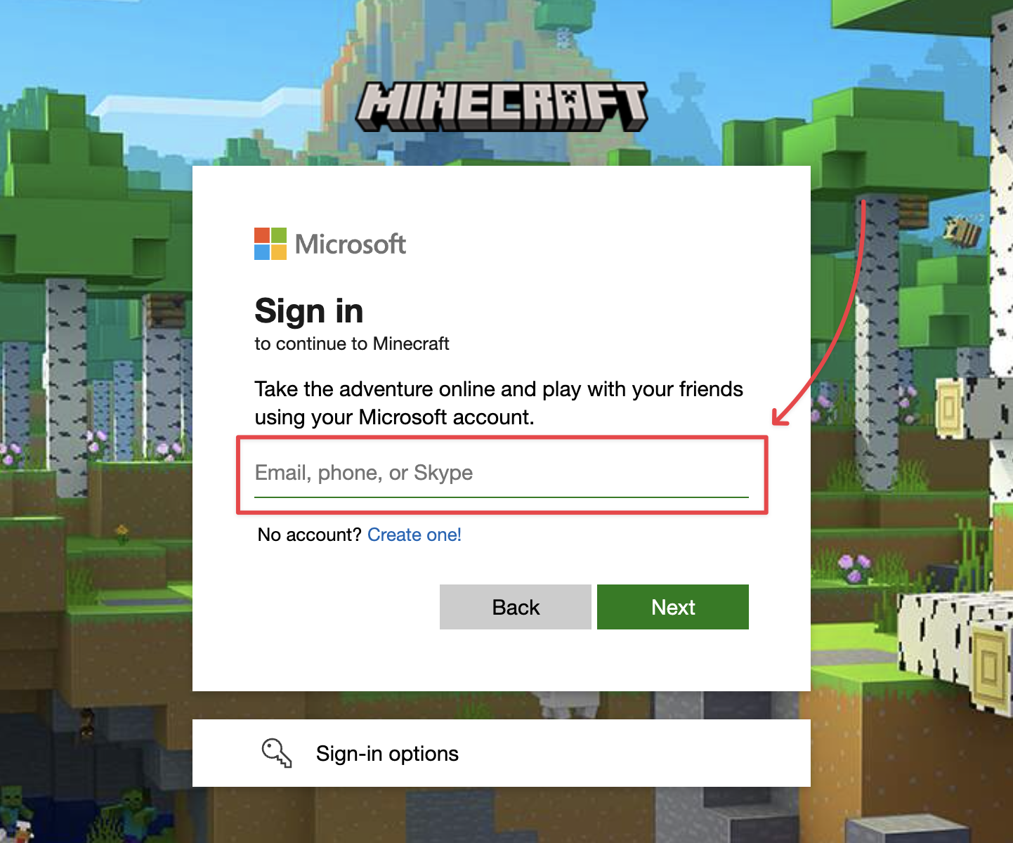 Microsoft Login Fenster zur Eingabe von E-Mail und Minecraft-Passwort.