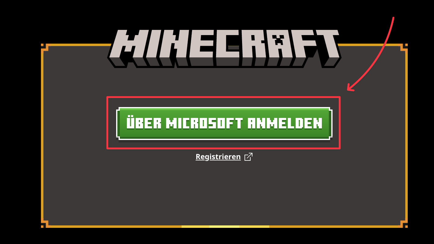 Startbildschirm des Minecraft Launchers mit dem grünen Button Über Microsoft anmelden.